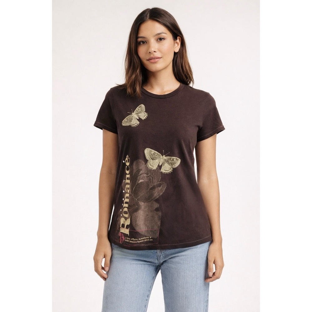 Vintage Butterfly Print Short-Sleeved Vintage Slim T-shirt 100% Cotton Small